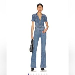 We The Free Jade Flare Denim Jean Jumpsuit Size Large Boho Chic